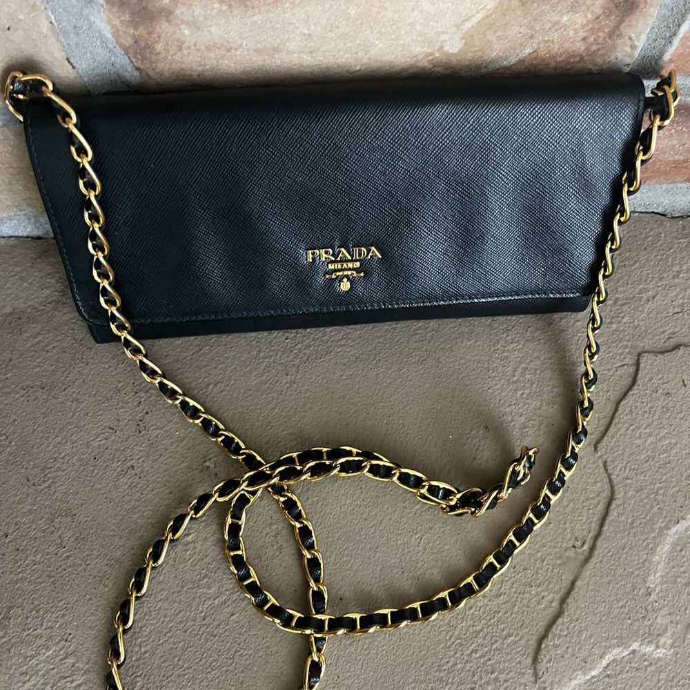 Prada black saffiano wallet on removable chain